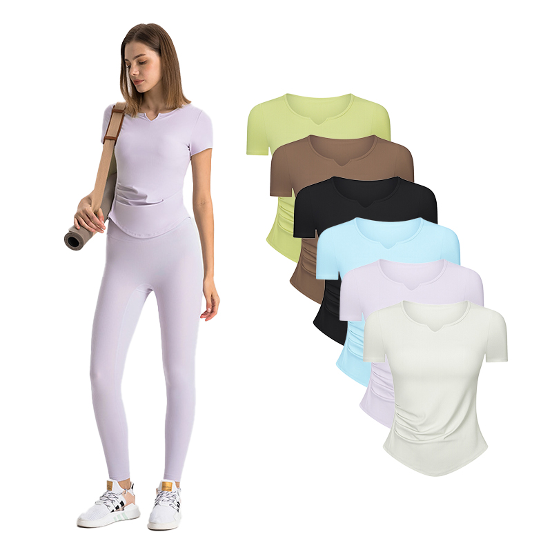 DS386 SPR Ribbed High Elastic Fashion Scrunch V Neckline Short Sleeve Slim Jogger Gym Fitness Yoga Tops Sportswear t Shirt