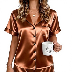 Ensemble de pyjama en satin de soie de luxe pour femmes RTS, taille élastique, manches courtes, uni, pour l'automne/l'hiver/l'été - Product Image 1