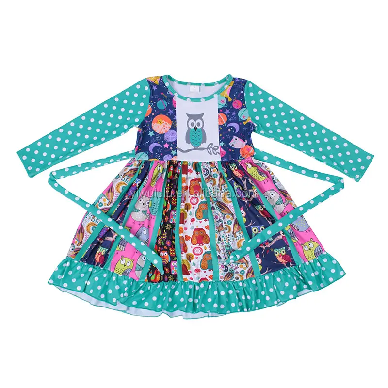 Gaun Princess Bayi Perempuan, Gaun Putar Lengan Panjang Polkadot Motif Burung Hantu untuk Bayi Perempuan