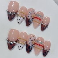 Faux ongles en amande à pois, faits à la main, 10 pièces, imprimé léopard marron, perles dorées, pack varié