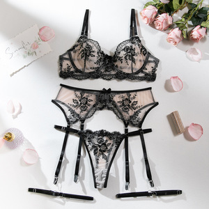 New Women's Sexy Underwear Flower Embroidery Mesh Hollow <b>Perspective</b> Sexy Temptation Underwear Three Piece Set - Product Image 6
