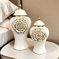 Vase Jarre Général en Porcelaine Blanche Plaqué Or de Qualité Export, Style Européen, Ornement Floral, Artisanat de Luxe Léger, Modèle