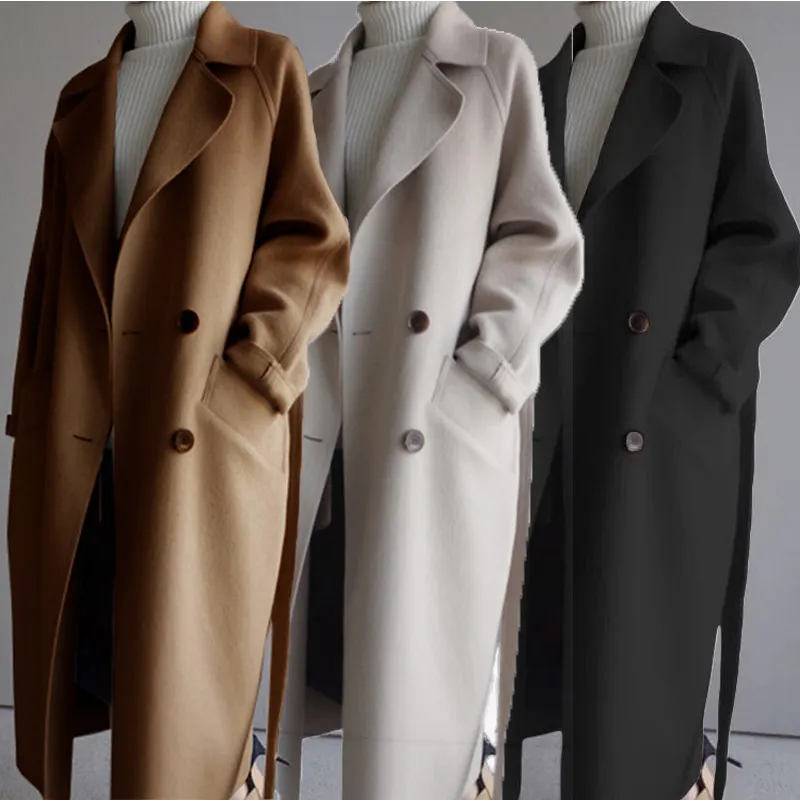 2022 Factory New Arrival Autumn Winter Solid Color Korean Loose Wool Coats Women Long Trench Coat