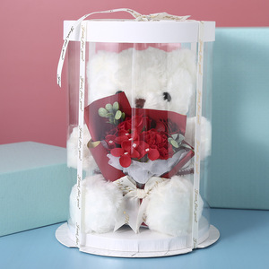 Boîte d'emballage pour ours en fleurs roses 2022, boîte à gâteau ronde transparente cylindrique haute, boîte cadeau pour fleurs, boîte d'exposition anti-poussière - Product Image 6