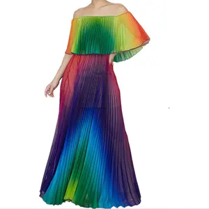 Regenbogen Print Sommer Chiffon Maxi kleid Frauen Slash Neck Rüschen Plissee Elegant Boho Beach Wear Party Lange Kleider Vestidos