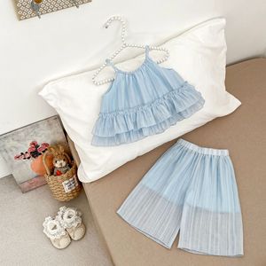 Traje para niños Verano Nuevas niñas Sin mangas Top Pantalones de pierna <span class=keywords><strong>ancha</strong></span> Conjunto Moda <span class=keywords><strong>Ropa</strong></span> para niños - Product Image 4