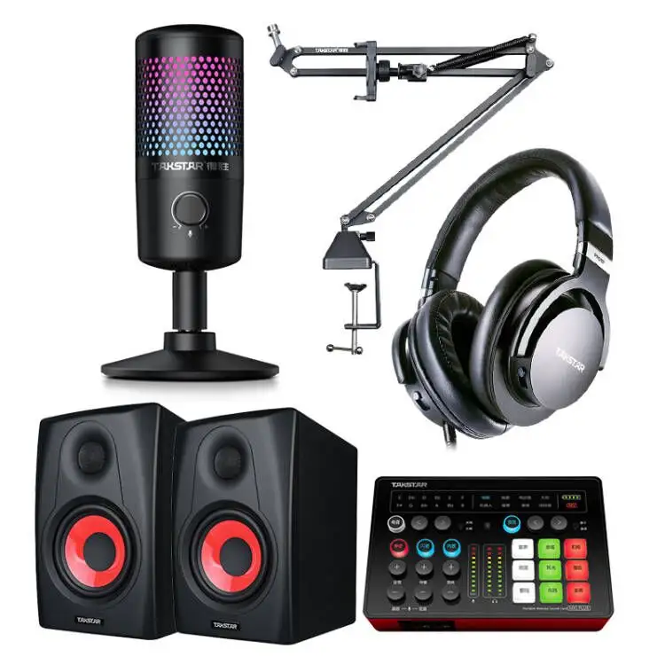 Takstar All In One Podcast Equipment Bundle Audio Interfaces Condenser Microphone DJ Headphone Monitor Speaker Podcast Sound Car