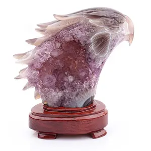 Natural hand carved high quality huge size crystal purple amethyst geode eagle for feng shui decoration