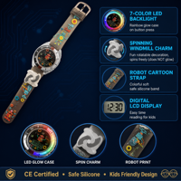 Meilleure Vente 2026 : Montre Numérique pour Enfants Robot Éolienne Tournante à LED 7 Couleurs, Lumière Tactile Arc-en-ciel, Vente en Gros OEM, Cadeau