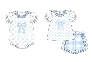 Conjuntos de pantalones cortos de lana estampados con lazos y puntos para niñas, vestidos de burbuja para bebés, ropa a juego para hermanas, venta al por mayor. - Product Image 3