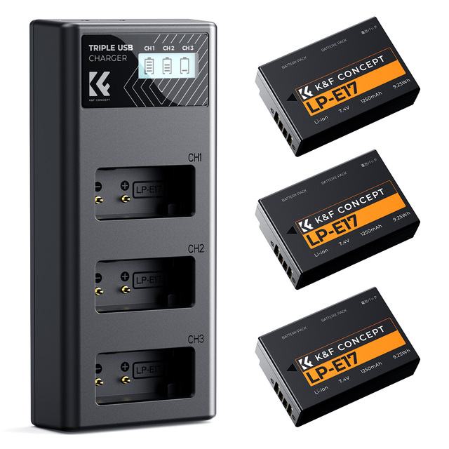 K&F CONCEPT Camera Battery for Canon LP-E17 Three Batteries and Three Slots Camera Battery 1250mAh LCD Display Charger Set