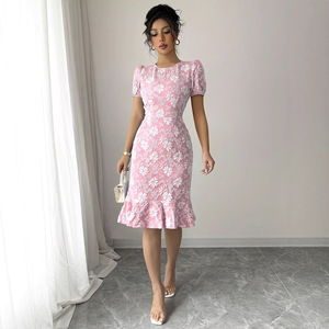 European American Summer Vintage Jacquard Slim Fit <b>Spaghetti</b> <b>Strap</b> O-Neck Floor-Length Career Dresses Natural Waist Comfortable - Product Image 4