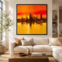 Peinture à l'huile abstraite de paysage urbain orange de luxe, peinte à la main, skyline urbain texturé, art mural sur toile, peinture à l'huile pour hôtel, bureau
