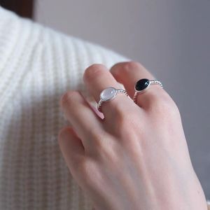 S925 Sterling <b>Silver</b> Minimalist <b>Ring</b> <b>Opal</b> Black Agate Bezel Setting Open Design Stackable Unisex Everyday Wear Geometric Shape - Product Image 2