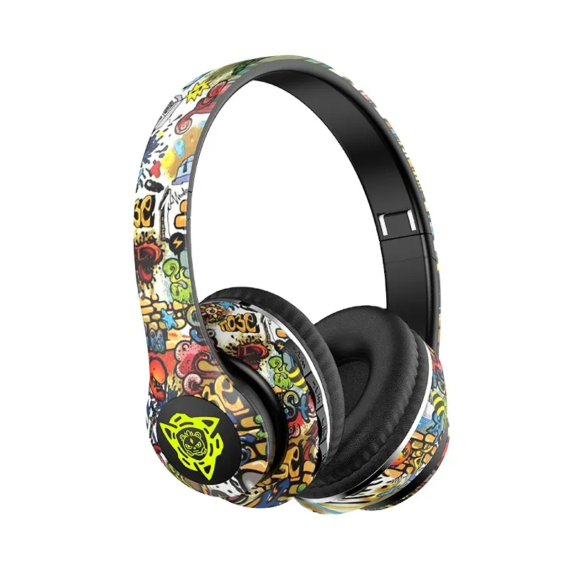 Casque de jeu sans fil casque sans fil stéréo graffiti monté sur l'oreille 3.5 trou rond peut être inséré dans la carte mémoire