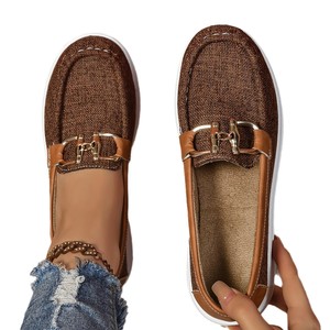 Chaussures décontractées britanniques à enfiler pour femme, à semelle épaisse, avec boucle métallique, en tissu, grande taille, pour l'automne - Product Image 5