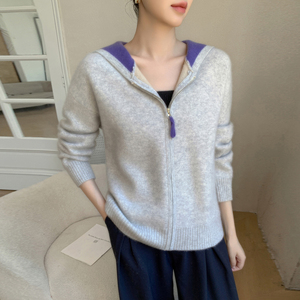 Cardigan con Cappuccio e Zip per Autunno e Inverno, Maglione Imbottito in Cashmere Tinta Unita per Donna - Product Image 2