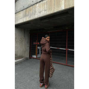 Ensemble de survêtement en velours et nylon marron avec imprimé 'E', décontracté pour le jogging, respirant, léger, grande taille, hiver, 2 pièces, logo minimaliste - Product Image 1