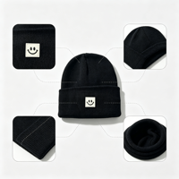 Bonnet tricoté unisexe avec patch Smiley, couleur unie, chaud, pour l'hiver, décontracté, extensible, pour l'extérieur