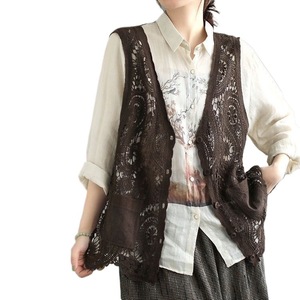 <span class=keywords><strong>Chaleco</strong></span> de <span class=keywords><strong>Mujer</strong></span> con Logotipo Personalizado, Estilo Vintage, Color Verde Salvia, Encaje de Ganchillo, Abierto con Botones, Sin Mangas, Estilo Boho Casual, Vestes para Mujeres - Product Image 4