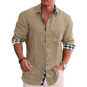 Uomo primavera autunno fornitore di vestiti camicie con stampa scozzese bottone risvolto colletto rovesciato camicia da uomo in cotone bianco solido di lino