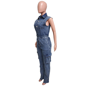 Wholesale New Casual Stretch Washed Sleeveless Denim Straight Wide-legged <b>Pants</b> Women Jumpsuit Fashion - Product Image 5