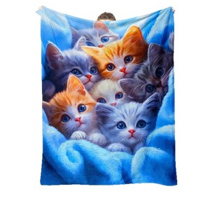 Couverture en peluche à imprimé chaton mignon, rectangulaire, fond bleu doux, décoration intérieure, utilisation quatre saisons, anti-boulochage, lavable en machine - Product Image 5