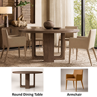 Ensemble de salle à manger rond en bois de frêne de style mid-century avec base en U et chaises en cuir pour les propriétés et les intérieurs résidentiels