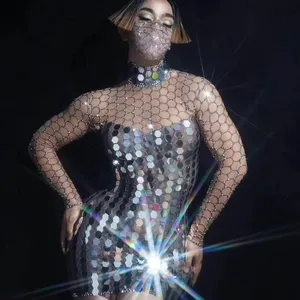2021 Gaun Jala Cermin Perak Berkilau Gaun Pesta Ulang Tahun Wanita Gaun Berlian Imitasi Pesta Ulang Tahun Kostum Dansa Seksi Malam