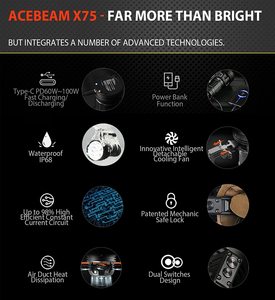 Lampe de poche ACEBEAM X75 80,000 <span class=keywords><strong>Lumen</strong></span> élevé XHP70.3, 70.2USB PD120W Power Bank Lampe de poche avec faisceau 1150 M, charge rapide 1.5h - Product Image 3