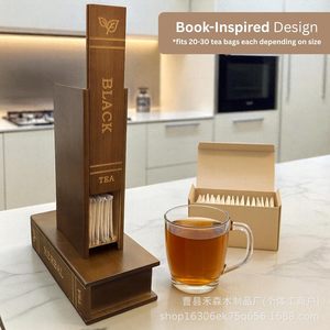 Caja de Almacenamiento para Bolsitas de Té en Forma de Libro de Madera, 10 Etiquetas Deslizantes, Color Marrón Oscuro, Tipo Rectangular Vertical, Organizador para Encimera de Cocina - Product Image 2