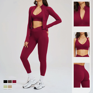 Conjunto de Yoga de Tres Piezas para Mujer de Alta Calidad, Spandex/Nylon, Sujetador Deportivo Sin Costuras a Prueba de Impactos, Chaqueta con Cierre, Leggings de Cintura Alta con Efecto Levanta Glúteos - Product Image 3