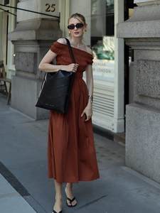 Vestido Midi Elegante Francés para Mujer, Sin Cuello, Manga Corta, Cintura Fruncida, Control de Abdomen, Ajustado, 100% Algodón Liso - Product Image 2