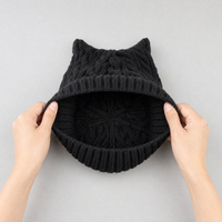 Bonnet d'hiver en tricot torsadé avec oreilles de chat, 9 couleurs, pour femme, logo personnalisé, bord côtelé, broderie, voyage, 100% acrylique, ajustable, vente en gros