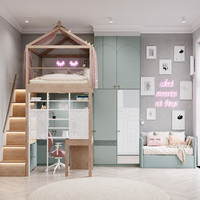 Ensemble de meubles de chambre d'enfant de luxe en bois de style scandinave, lit mezzanine, armoire, bureau d'étude, armoire de rangement pour usage hôtelier