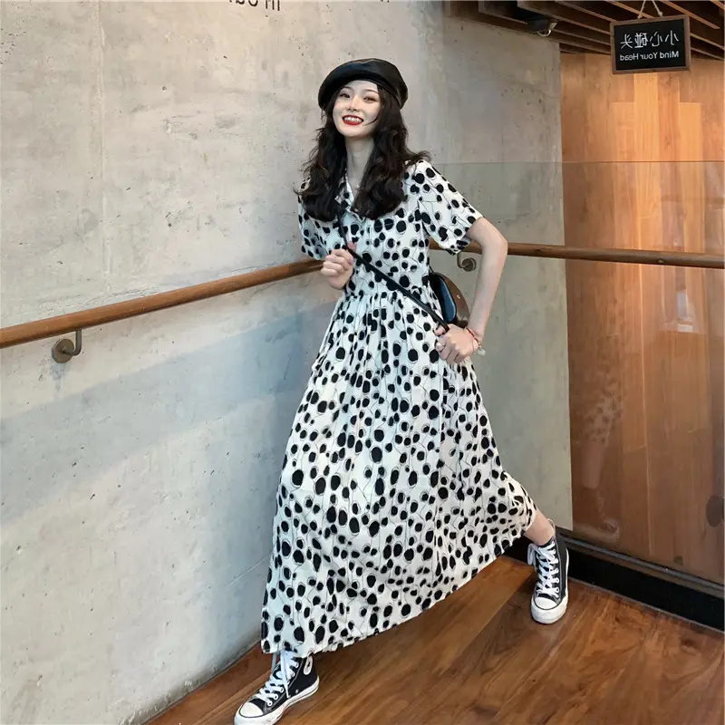 As Mulheres Se Vestem de verão Estilo Coreano Moda Manga Curta Chiffon Vintage Casual Dot Longos Vestidos Midi para As Mulheres