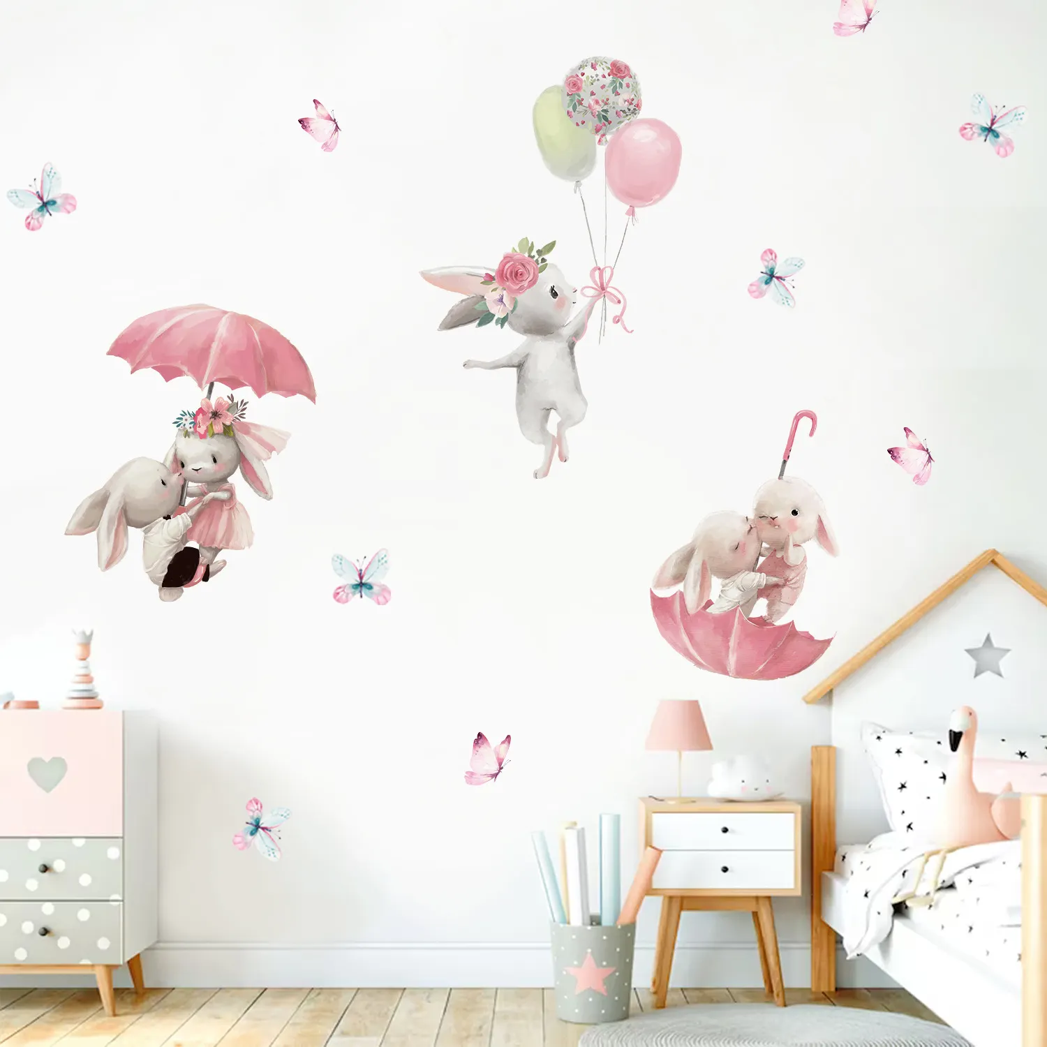 Creative kids cartoon stickers new design Simple Style pink rabbit with balloon dance stickers for girl bedroom decoration