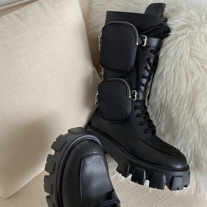 Stivali da Moto da <span class=keywords><strong>Donna</strong></span> di Alta Qualità in Vera Pelle con Tasca, Stivaletti da Cavaliere con Plateau, Lacci e Suola Spessa - Product Image 2