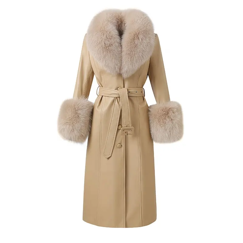 High Quality Sheepskin Long Leather Jacket Women Genuine Sheepskin Leather Coat with Real Fox Fur Collar Cuffs