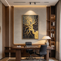Décoration murale sur toile faite main, paysage abstrait moderne à texture 3D, tableau luxueux arbre de vie à feuille d’or
