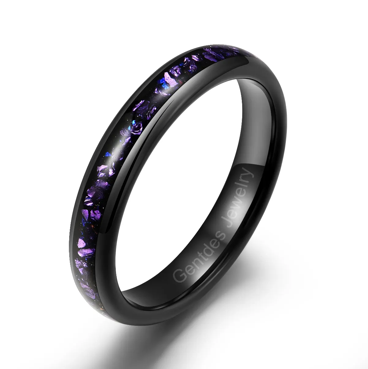 Gentdes Jewelry 4MM Tungsten Ring Purple Sandstone And Purple Glass Inlay Women Wedding Band