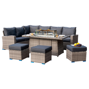 Meubles de jardin en rotin, canapé <span class=keywords><strong>d</strong></span>'angle avec table de foyer au propane sans fumée, ensemble de <span class=keywords><strong>salon</strong></span> en osier pour patio, ensemble de salle à manger pour cour - Product Image 1