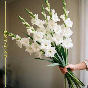 <span class=keywords><strong>Bouquet</strong></span> de 8 fleurs artificielles de gladiolus et d'orchidées |   Fleurs blanches et feuillage vert, tiges réalistes sans entretien pour les mariages - Product Image 2