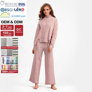 Nouvel Ensemble Décontracté Deux Pièces Automne Hiver: <span class=keywords><strong>Pull</strong></span> en Maille à Col Haut et Pantalon Évasé à Carreaux, Longueur Longue, Ensemble 2 Pièces Femme - Product Image 2