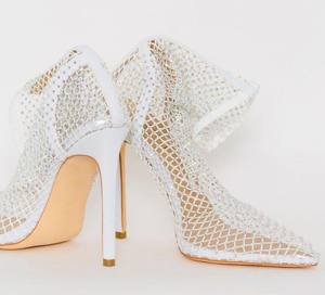 White Pointed Toe <b>Booties</b> for Women Thin High Heel Slip-on Mesh Upper Summer Short Shoes Rhinestone Ornament Fishnet <b>Ankle</b> Boot - Product Image 3