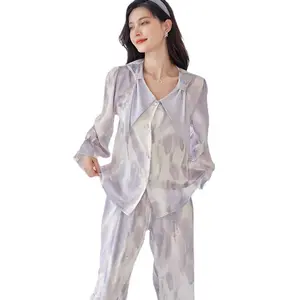 Long sleeved home clothing set with bow tie for external wear high-end ice silk pajamas for women in spring and autumn