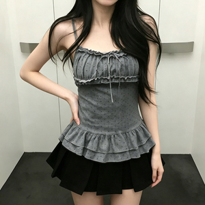 Polka Dot Ruffle Camisole Top V Neck Women <b>Spaghetti</b> <b>Strap</b> Slim Fit Tank Y2K Casual Sweet Versatile Summer Top - Product Image 6