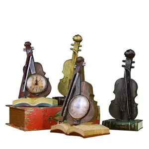仿古树脂工艺品装饰小提琴模型乐器摆件台钟卧室闹钟圣诞圣诞节
