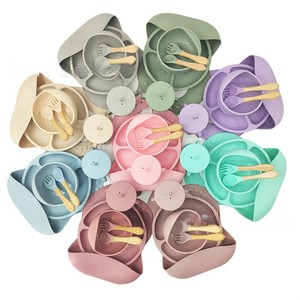 Ensemble d'alimentation pour bébé en silicone 8 pièces, assiette et bol à ventouse avec bavoir, tasse d'apprentissage, ustensiles pour la diversification alimentaire, passe au lave-vaisselle - Product Image 1