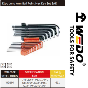 Wedo Chrome vanadi thép <span class=keywords><strong>Hex</strong></span> cờ lê thiết lập 12PC cánh tay dài bóng điểm <span class=keywords><strong>Hex</strong></span> Key Set SAE - Product Image 3